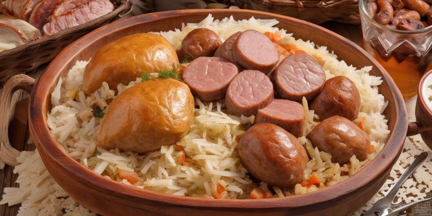 Rice dish with sliced sausage and a whole smoked sausage on top. BookOfFoods