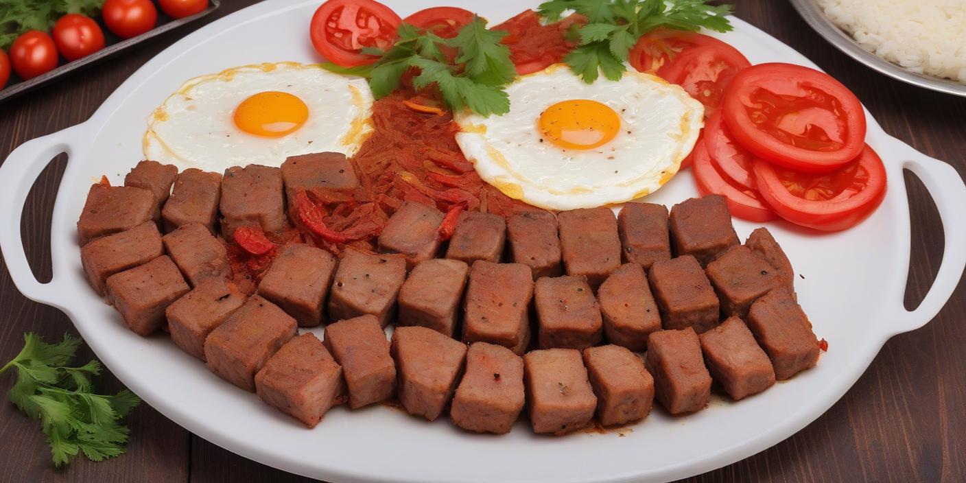 Grilled liver cubes served with fried eggs, tomatoes, and parsley on a white plate. BookOfFoods