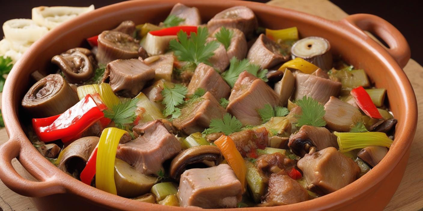 Meat and vegetable stew in a rustic clay bowl with fresh herbs. BookOfFoods