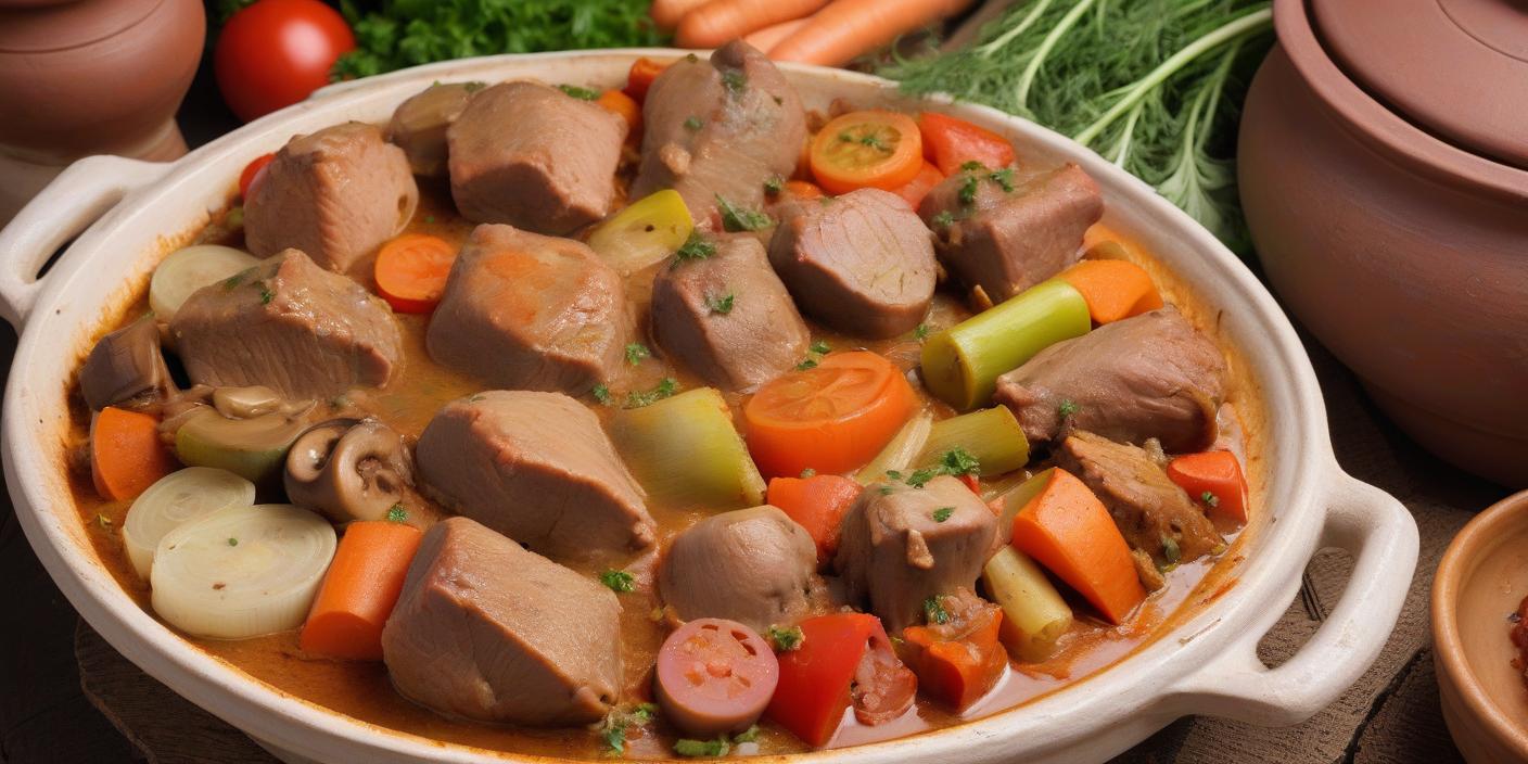 Close-up of slow-cooked beef with bell peppers, tomatoes, and carrots. BookOfFoods