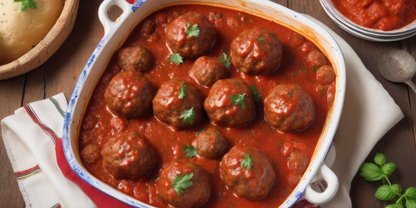 Meatballs in a rich tomato sauce, garnished with fresh herbs. BookOfFoods