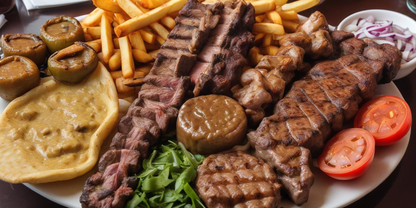 Mixed grilled meats with a side of fries and sauce. BookOfFoods