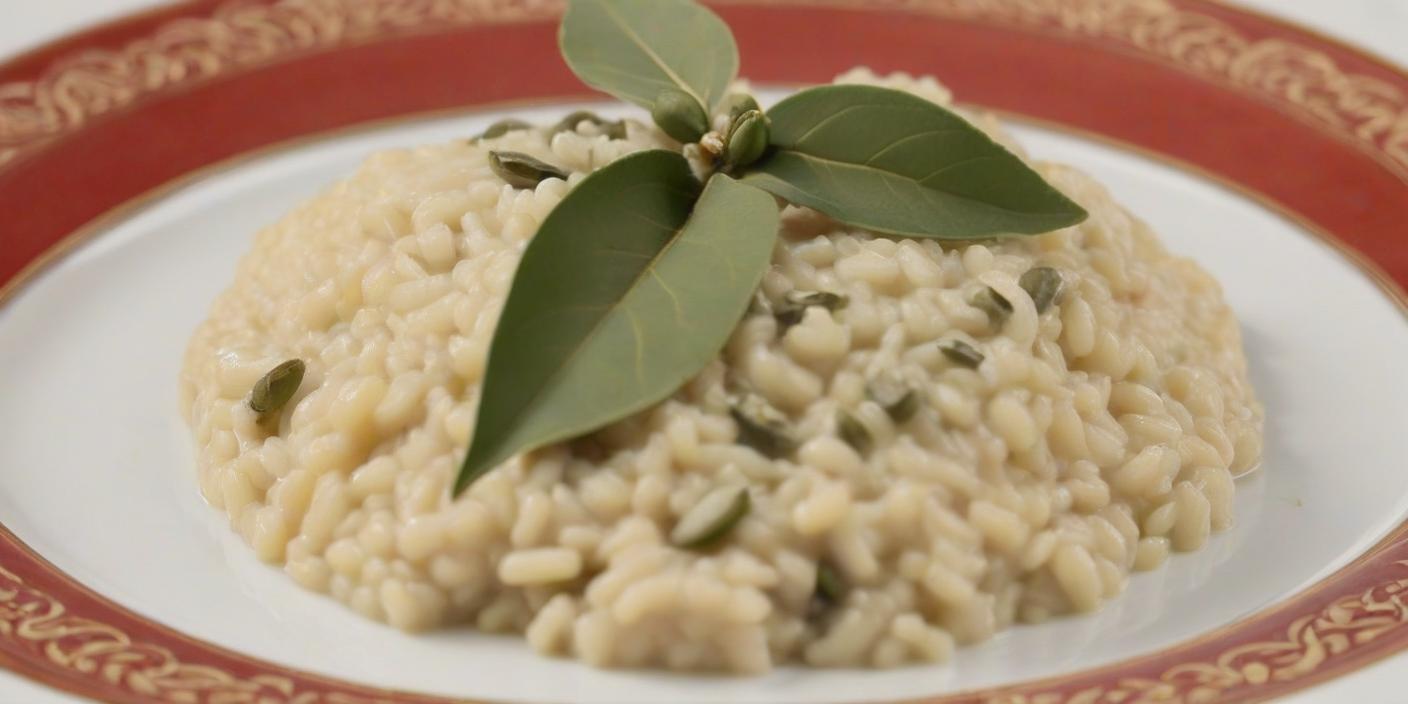 Creamy risotto topped with a bay leaf garnish. BookOfFoods