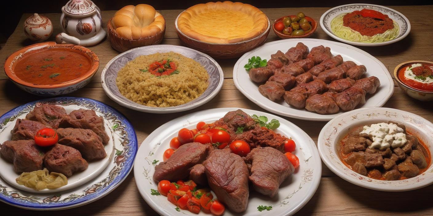 Traditional meal spread with various dishes, including meat, rice, and cornbread. BookOfFoods