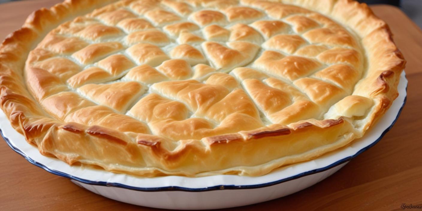 Golden-brown pie with a flaky crust in a white baking dish. BookOfFoods