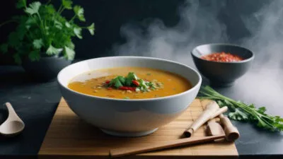 Creamy basil soup with a swirl of yogurt â A fresh green soup with a drizzle of yogurt and basil leaves for garnish.