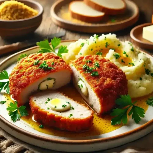 Crispy breaded meat cutlet filled with cheese, served with mashed potatoes and garnished with parsley. BookOfFoods