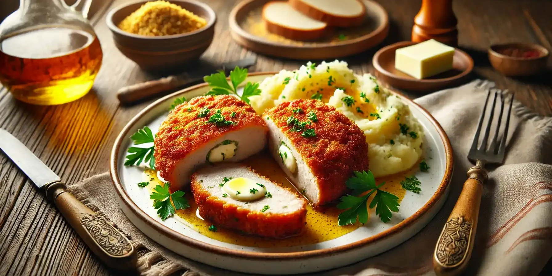 Crispy breaded meat cutlet filled with cheese, served with mashed potatoes and garnished with parsley. BookOfFoods