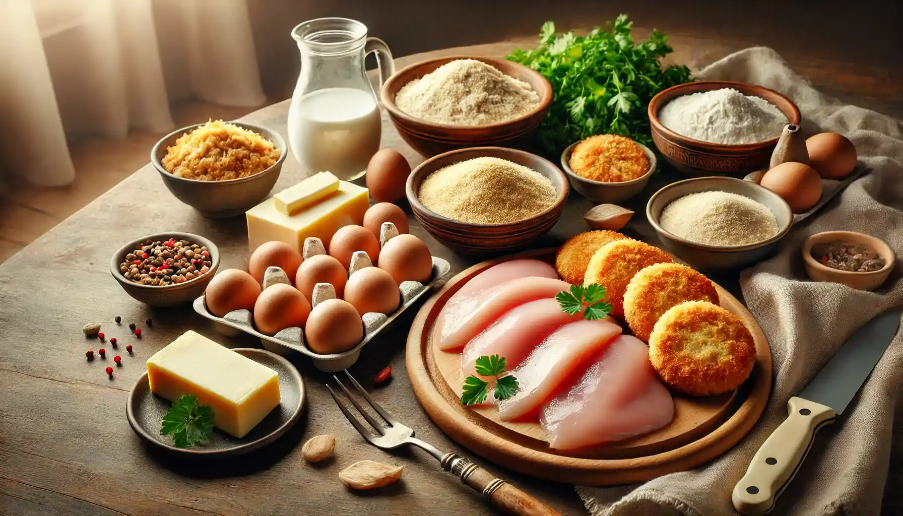 Rustic kitchen setting with fresh ingredients, including eggs, butter, flour, and smoked ham. BookOfFoods