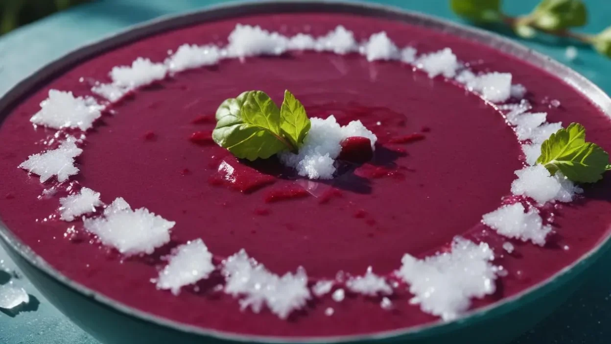 A bowl of Polish chłodnik soup garnished with fresh herbs.
