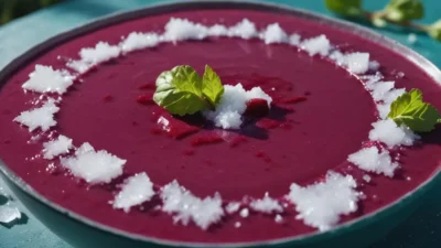 A bowl of Polish chłodnik soup garnished with fresh herbs.