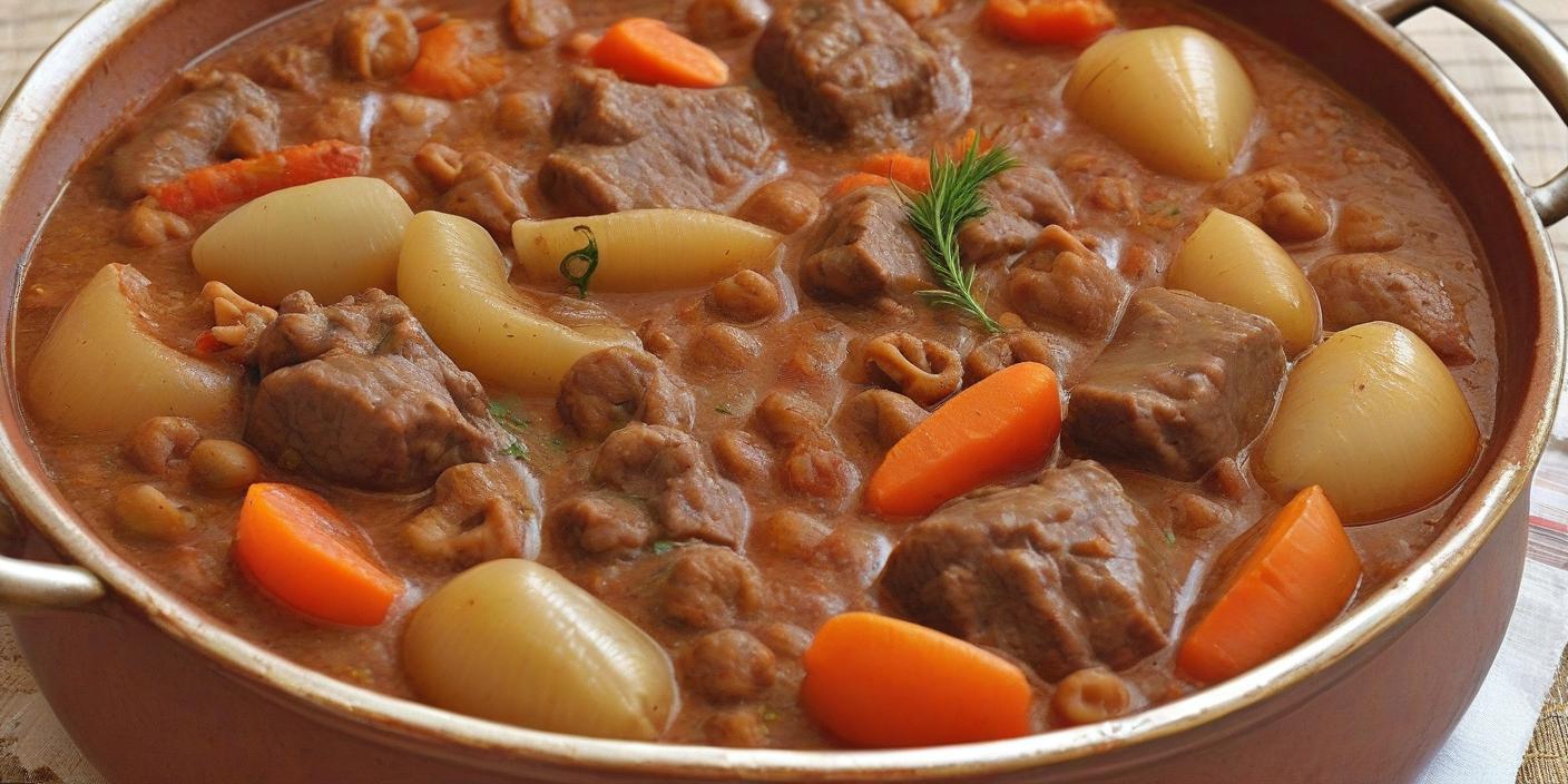 Rich meat and bean stew with tender vegetables in a thick sauce. BookOfFoods