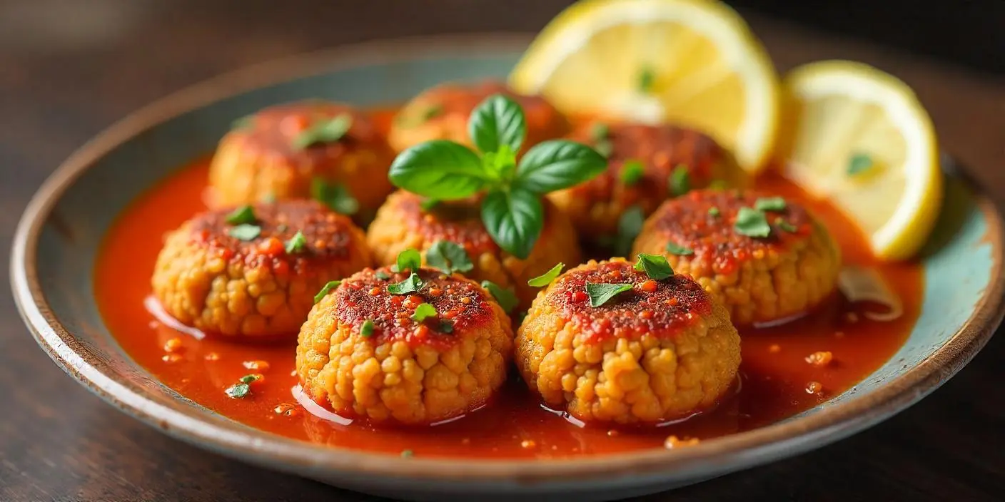 Vegetarian Stuffed Meatballs – Delicious stuffed meatballs served with a rich tomato sauce.