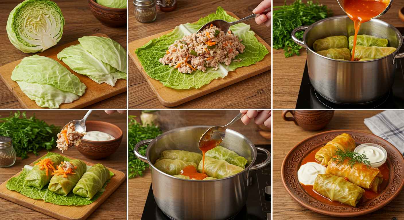 Cooking Cabbage Rolls – A guide to cooking stuffed cabbage rolls in a pot with tomato sauce.