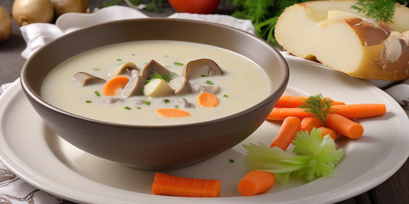 Creamy vegetable soup with sausage slices and carrots in a brown bowl. BookOfFoods