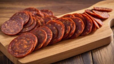 Sliced chorizo on a wooden board – A neatly arranged row of spicy, cured chorizo slices on a rustic wooden cutting board.