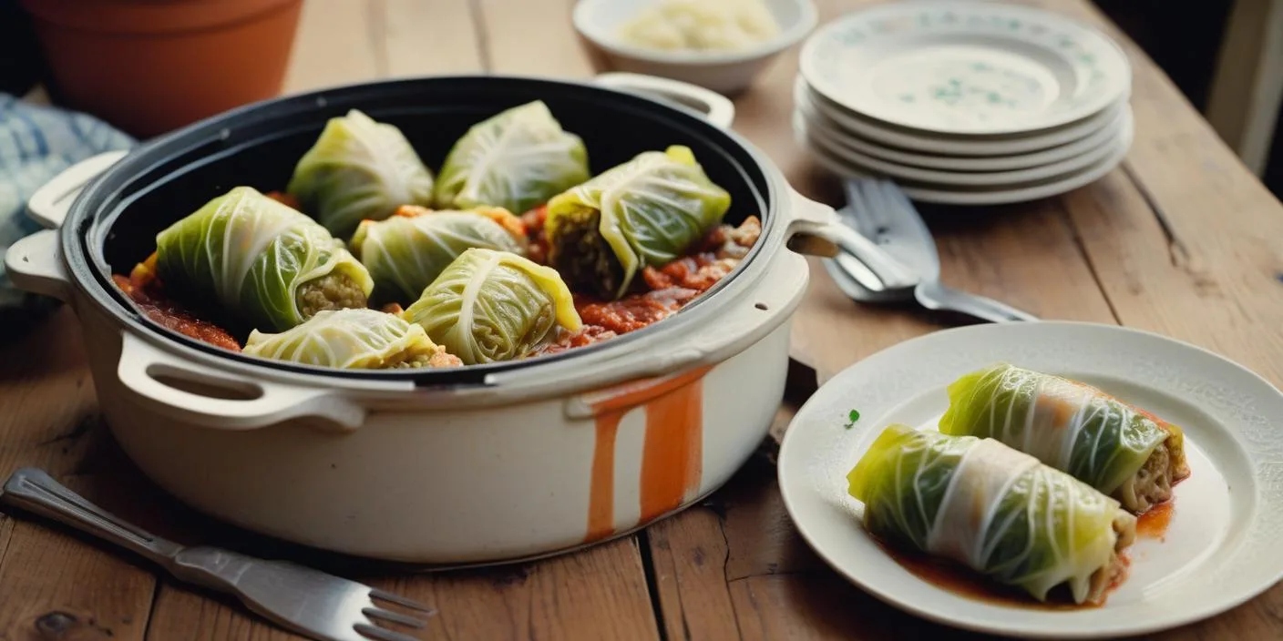 Stuffed cabbage rolls in a pot – A pot of traditional stuffed cabbage rolls cooked in a rich tomato-based sauce, ready to be served.