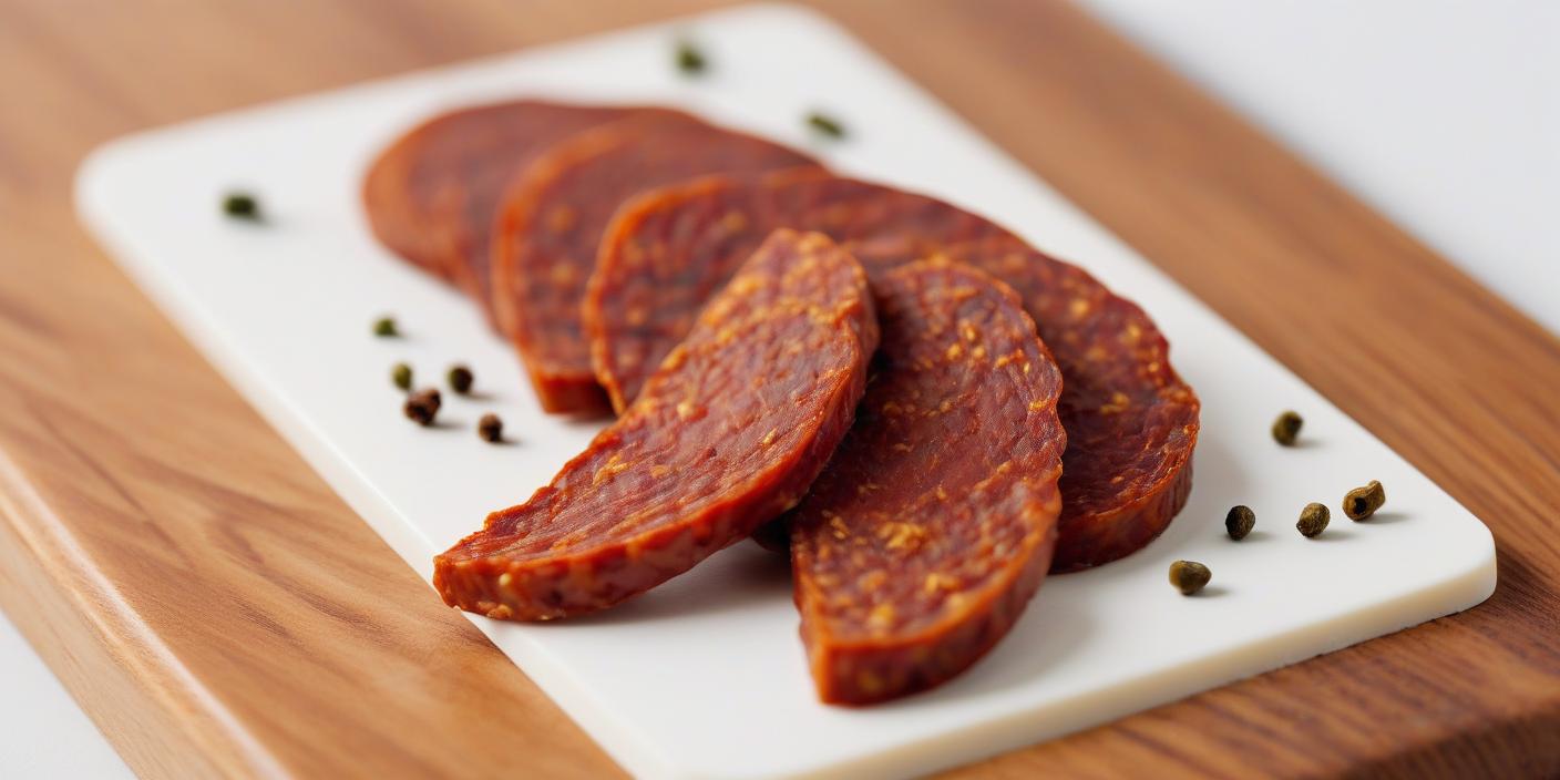 Spicy chorizo slices on a white plate – A plate of spicy, cured chorizo sausage slices, arranged neatly with a garnish.