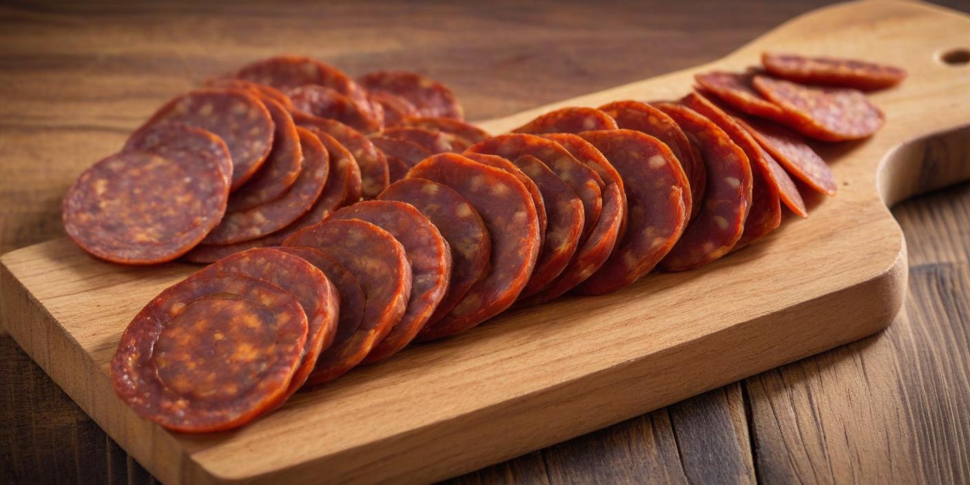 Sliced chorizo on a wooden board – A neatly arranged row of spicy, cured chorizo slices on a rustic wooden cutting board.