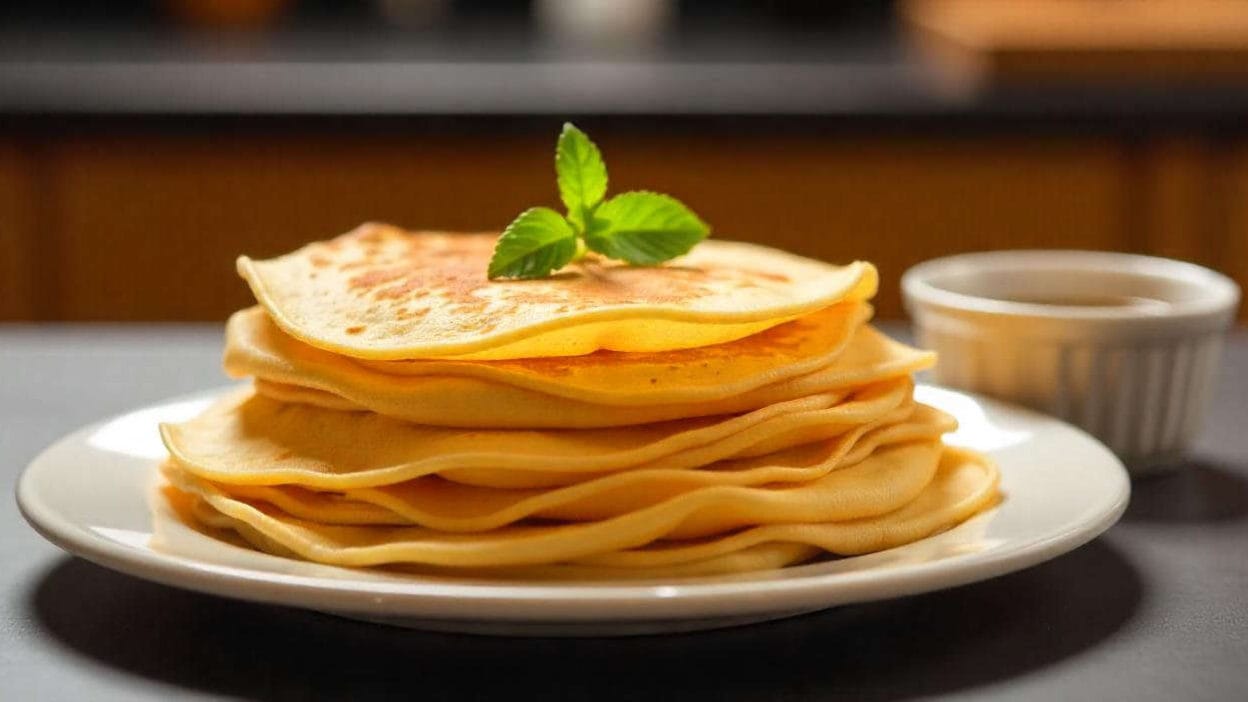 A plate with a stack of thin crepes garnished with a fresh mint sprig.