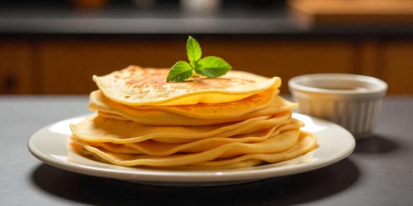 A plate with a stack of thin crepes garnished with a fresh mint sprig.