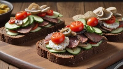 Open-faced sandwiches on dark bread, topped with cucumber, tomato, and cured meat slices.