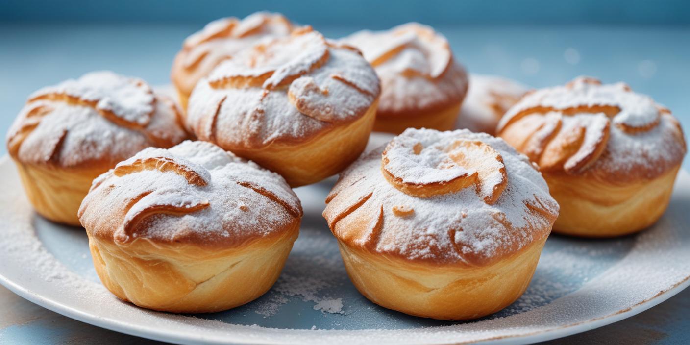 A plate of powdered sugar-dusted doughnuts filled with a sweet cream.