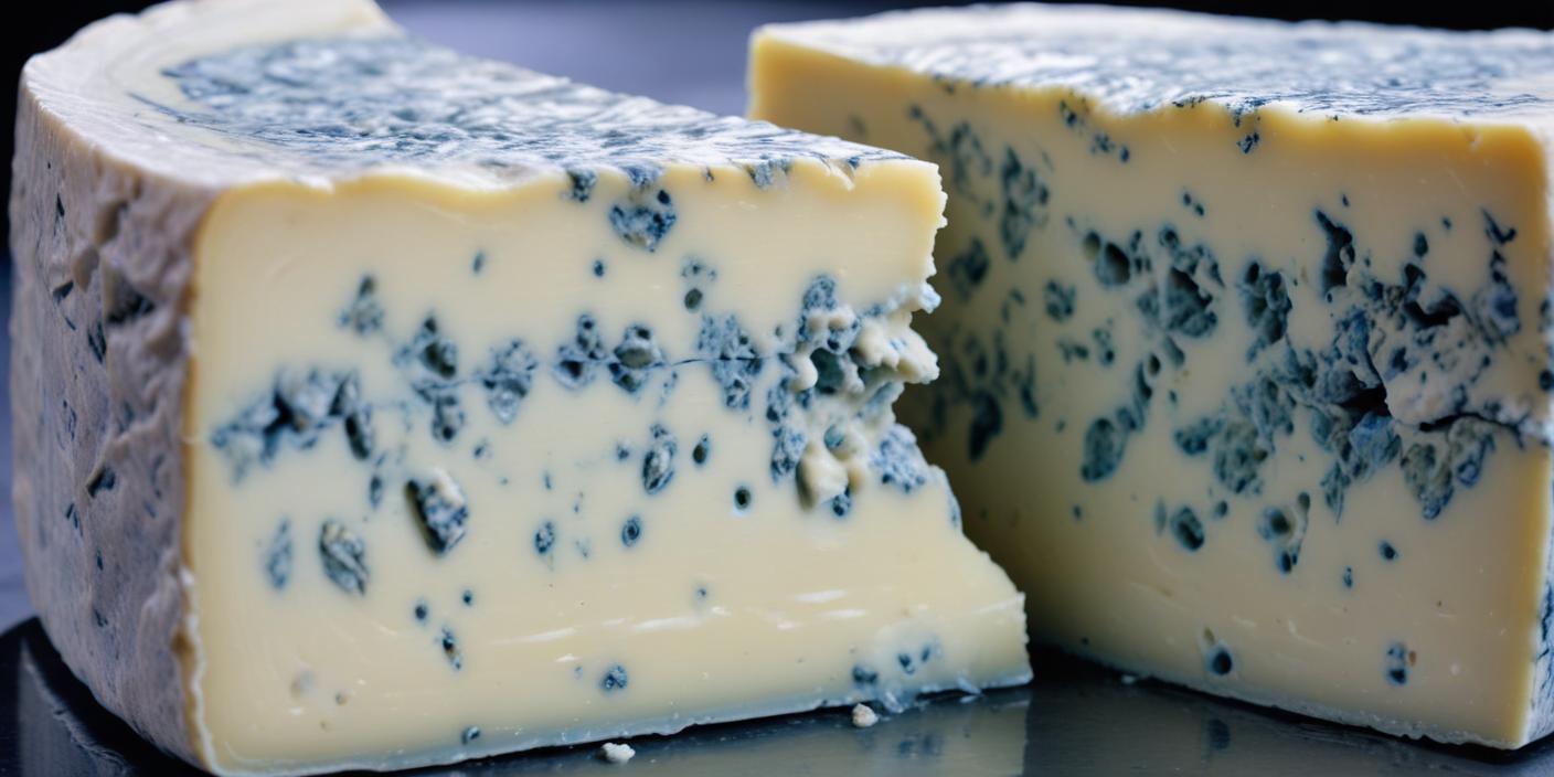 A wedge of blue cheese with visible veins of blue mold.