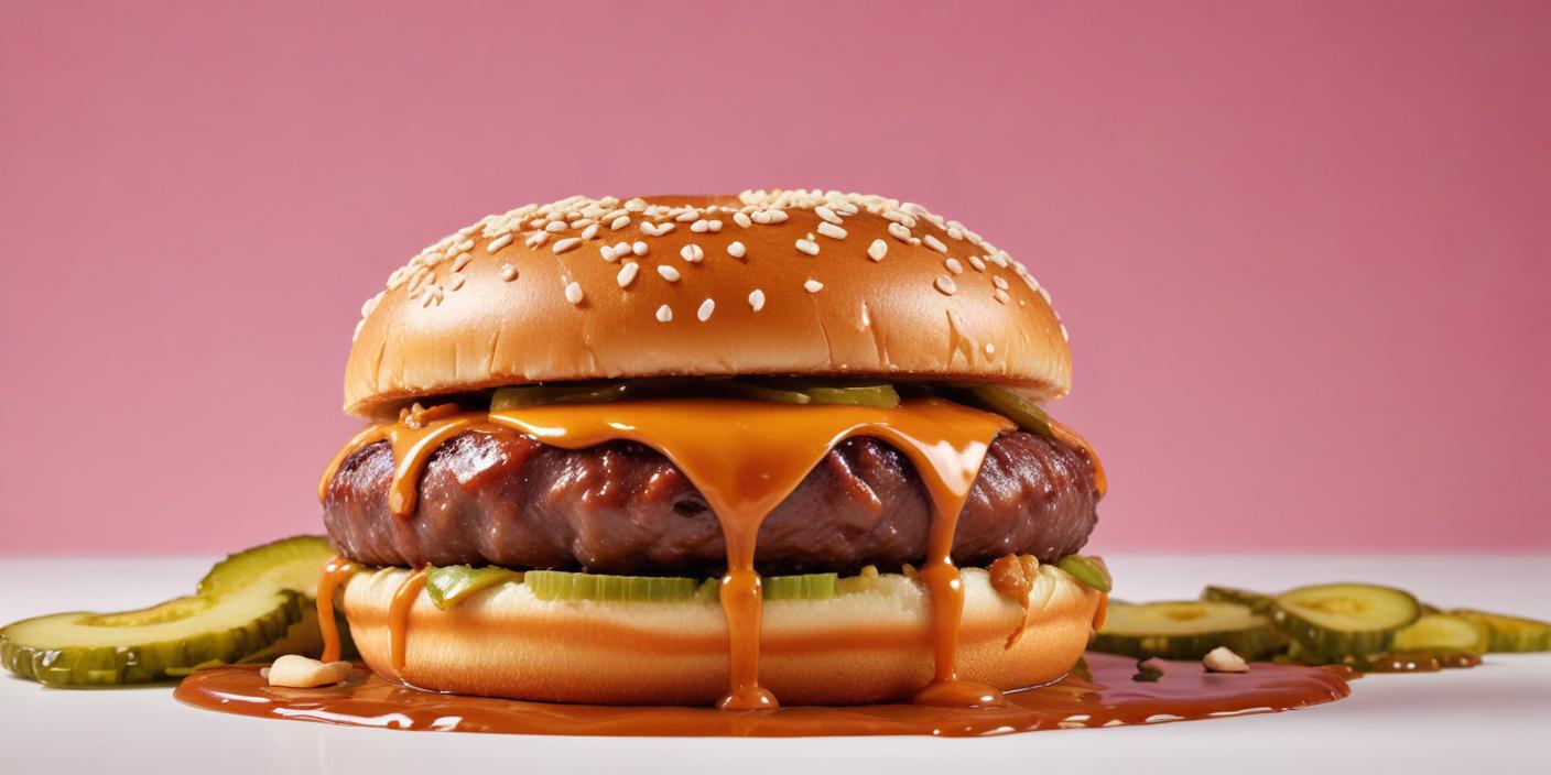 A juicy cheeseburger with a sesame seed bun, lettuce, and melted cheese dripping down the sides.