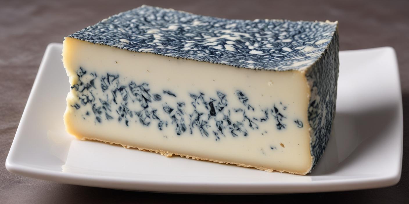 A block of blue cheese with distinct blue veins running through it.