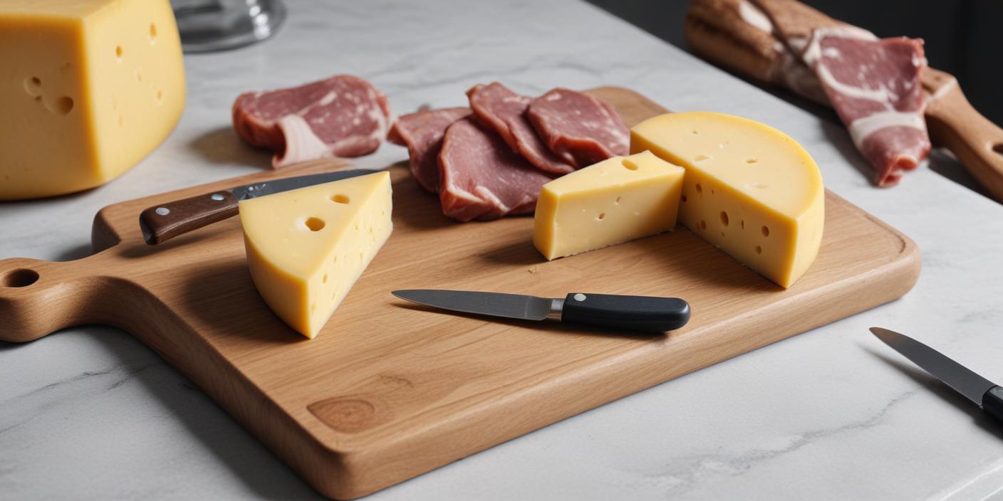 A charcuterie board with slices of cheese, cured meats, and a knife.