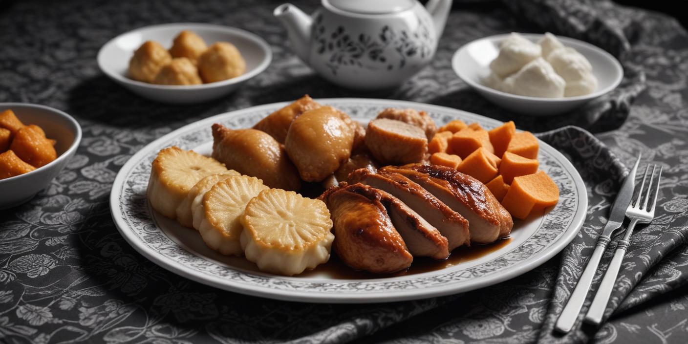 A plate of roasted chicken pieces served with a side of potatoes and dipping sauce.