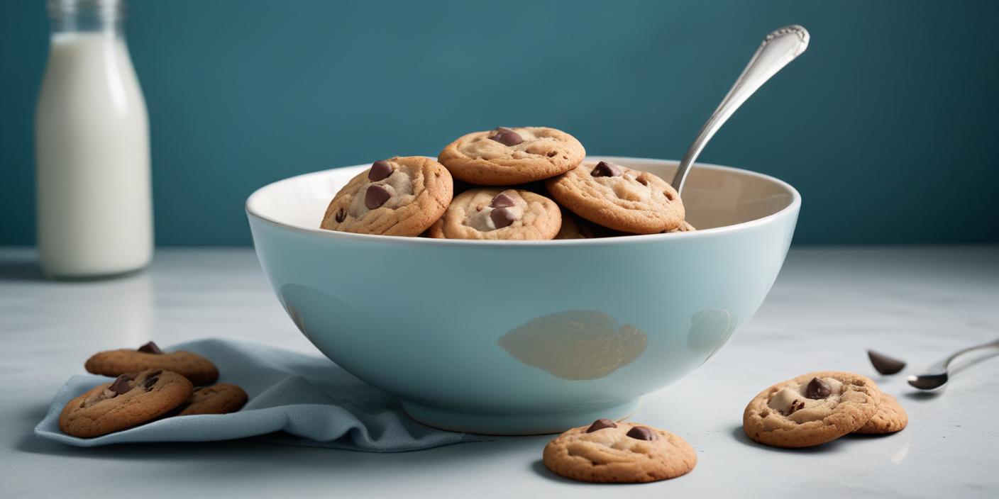 A bowl of chocolate chip cookies with a few cookies placed on the table beside it.