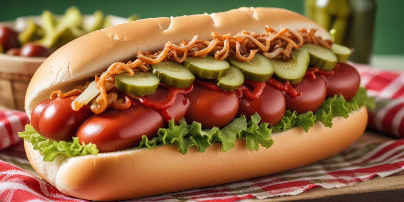 A hot dog topped with pickles, ketchup, mustard, and lettuce in a bun.