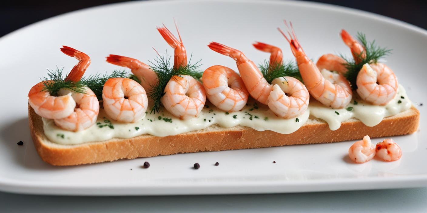 A slice of toast topped with shrimp, dill, and a creamy spread.