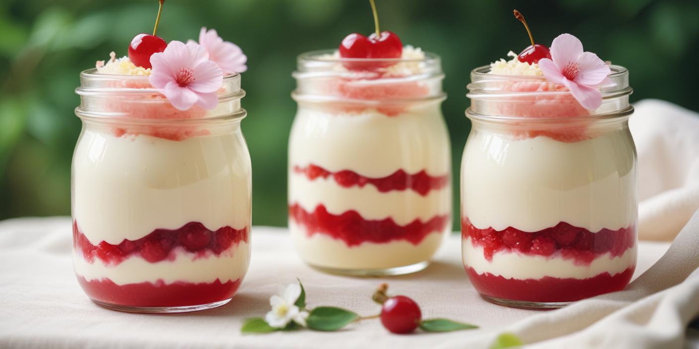 A layered dessert in a glass jar with whipped cream, berry compote, and a cherry on top.