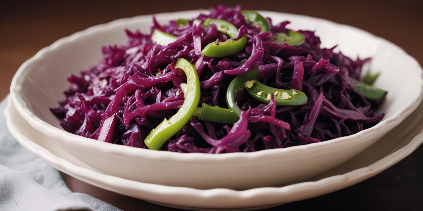 A bowl of vibrant red cabbage salad garnished with green bell pepper slices.