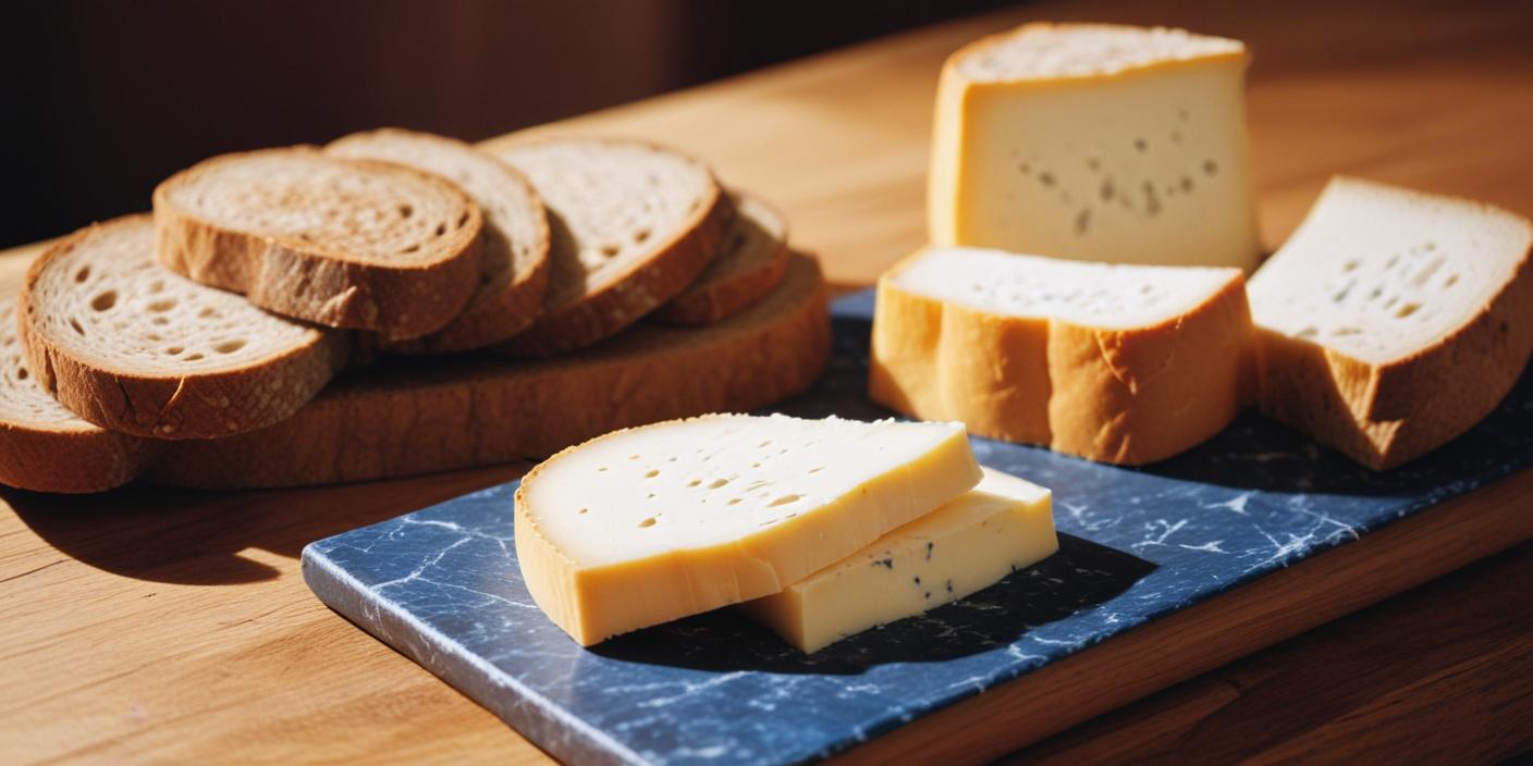 Slices of cheese and brown bread arranged on a wooden table.