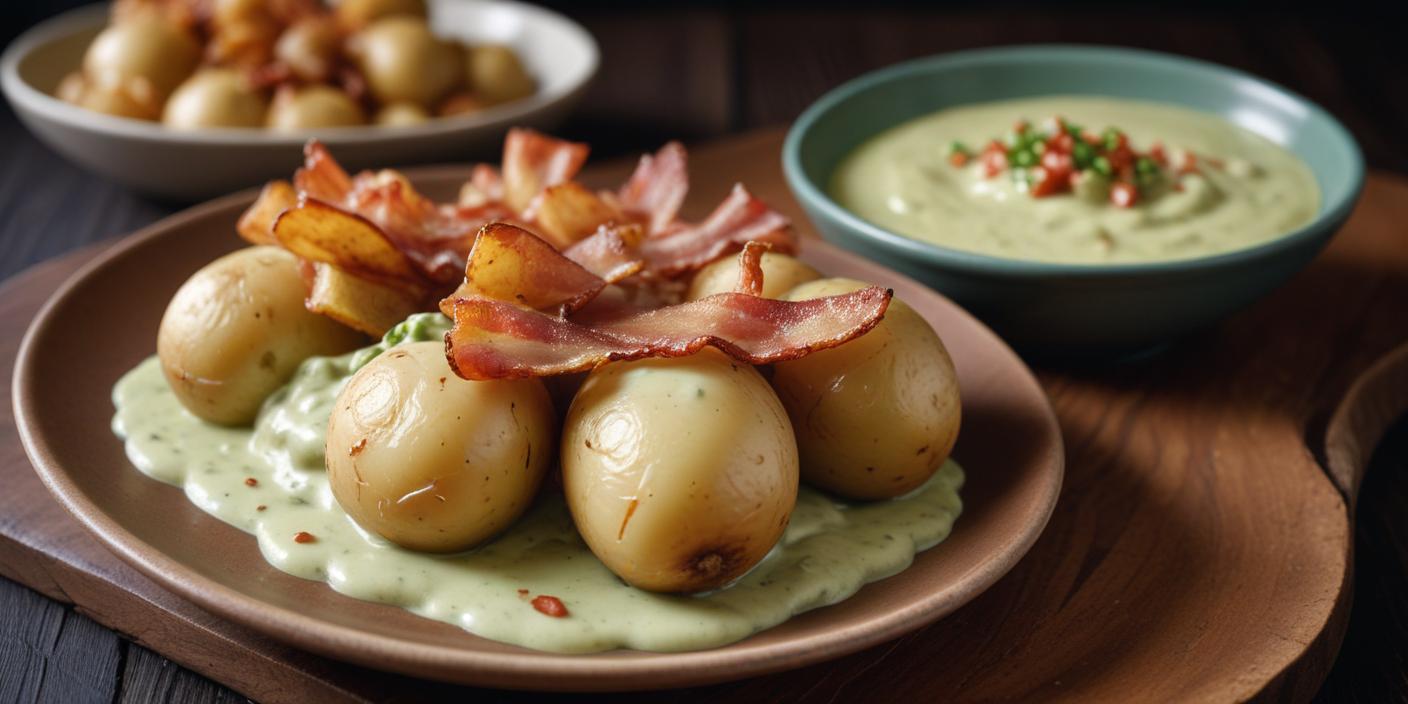 A plate of boiled potatoes topped with crispy bacon slices and served with a side of creamy sauce.