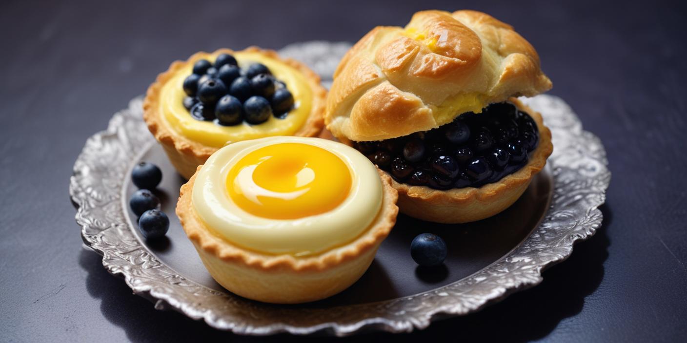 A small tart filled with creamy custard and topped with fresh blueberries.