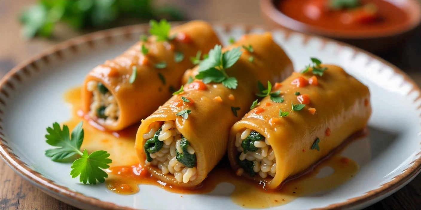 Stuffed Pasta Rolls – Rolled pasta filled with herbs, spinach, and cheese, covered in sauce.