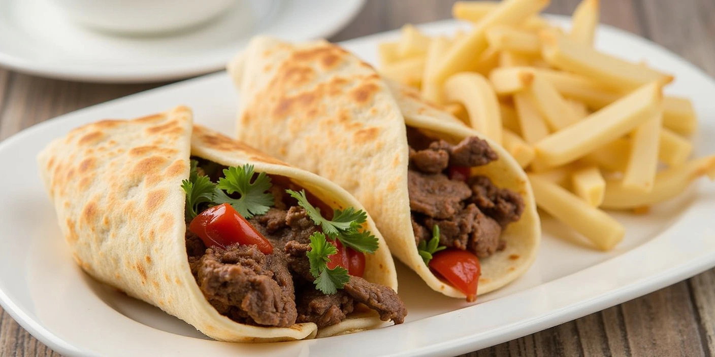 Grilled Meat Wrap – A tasty flatbread wrap filled with seasoned grilled meat and fresh vegetables.