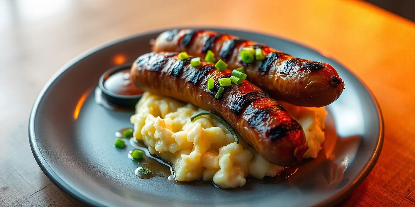 Grilled sausages served with creamy mashed potatoes, garnished with fresh herbs.