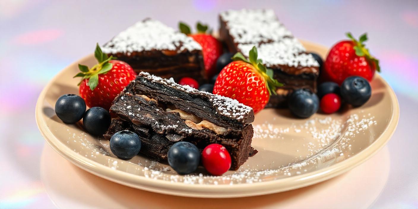 A slice of chocolate cake dusted with powdered sugar, served with fresh strawberries, blueberries, and raspberries.