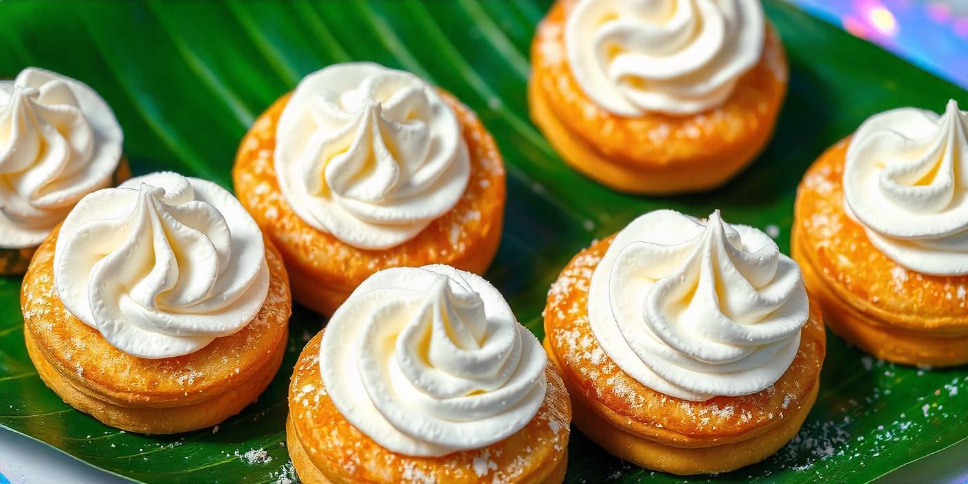 Mini cupcakes topped with swirls of whipped cream and served on a banana leaf.