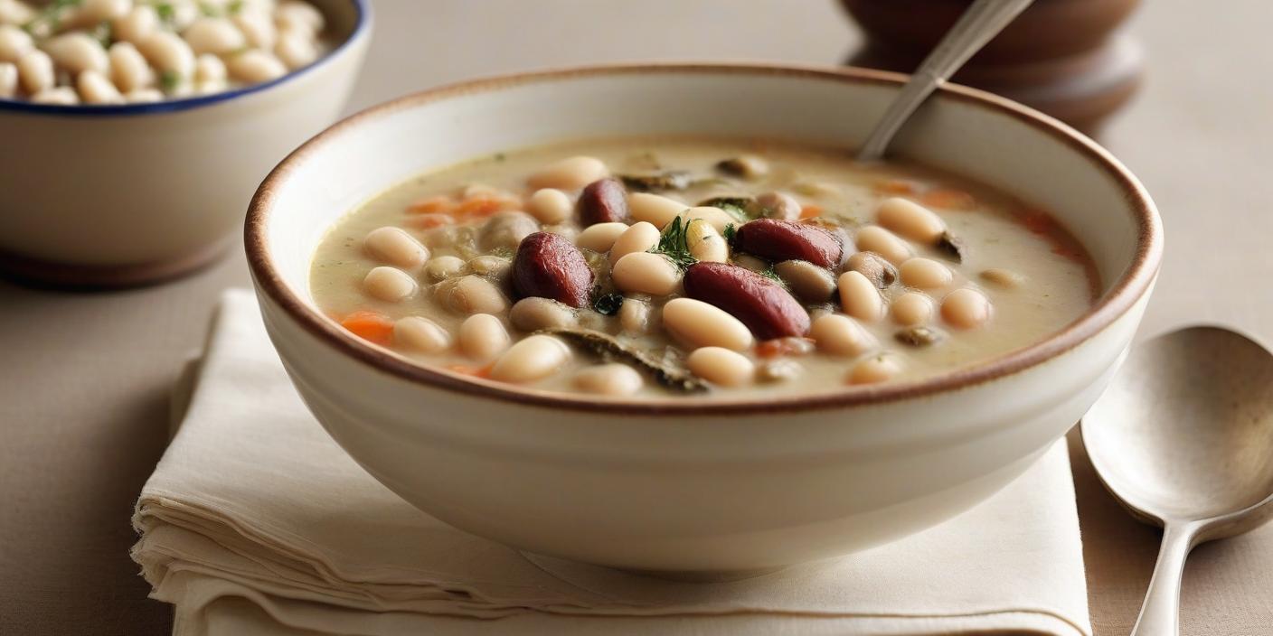 Bowl of hearty white bean soup with fresh herbs and vegetables. BookOfFoods