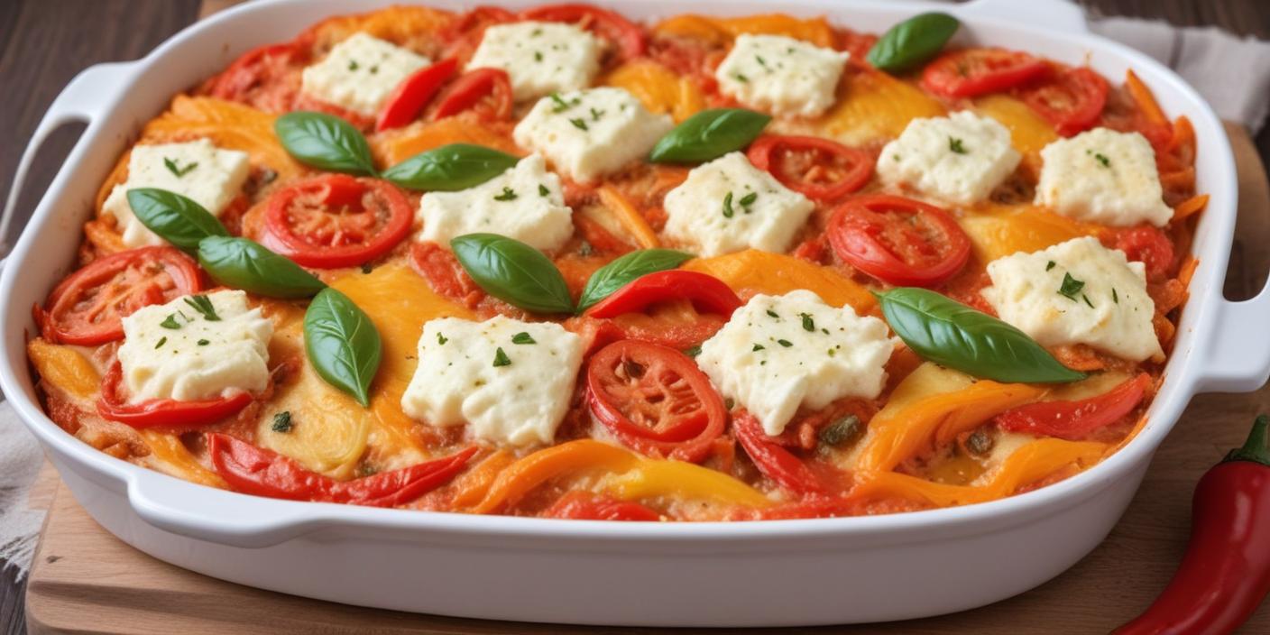 Baked vegetable dish with tomatoes, basil, and cheese cubes. BookOfFoods