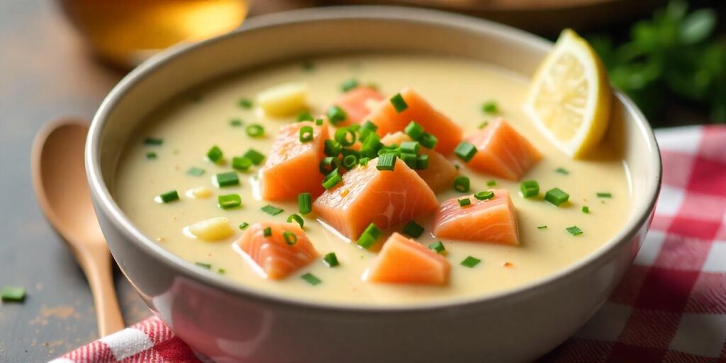 A bowl of salmon chowder with diced vegetables and a lemon slice.