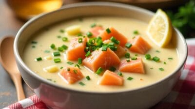A bowl of salmon chowder with diced vegetables and a lemon slice.