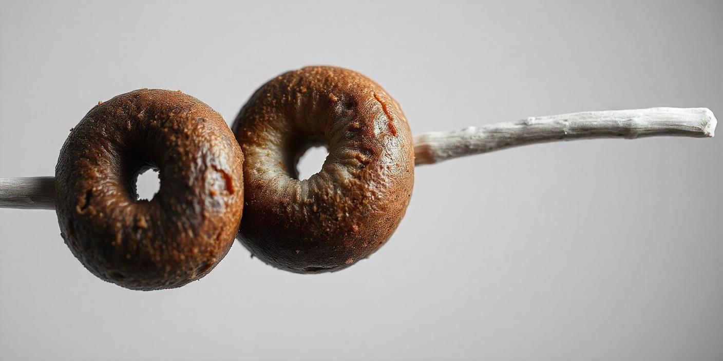 Freshly fried donuts threaded onto a stick, dusted with sugar.